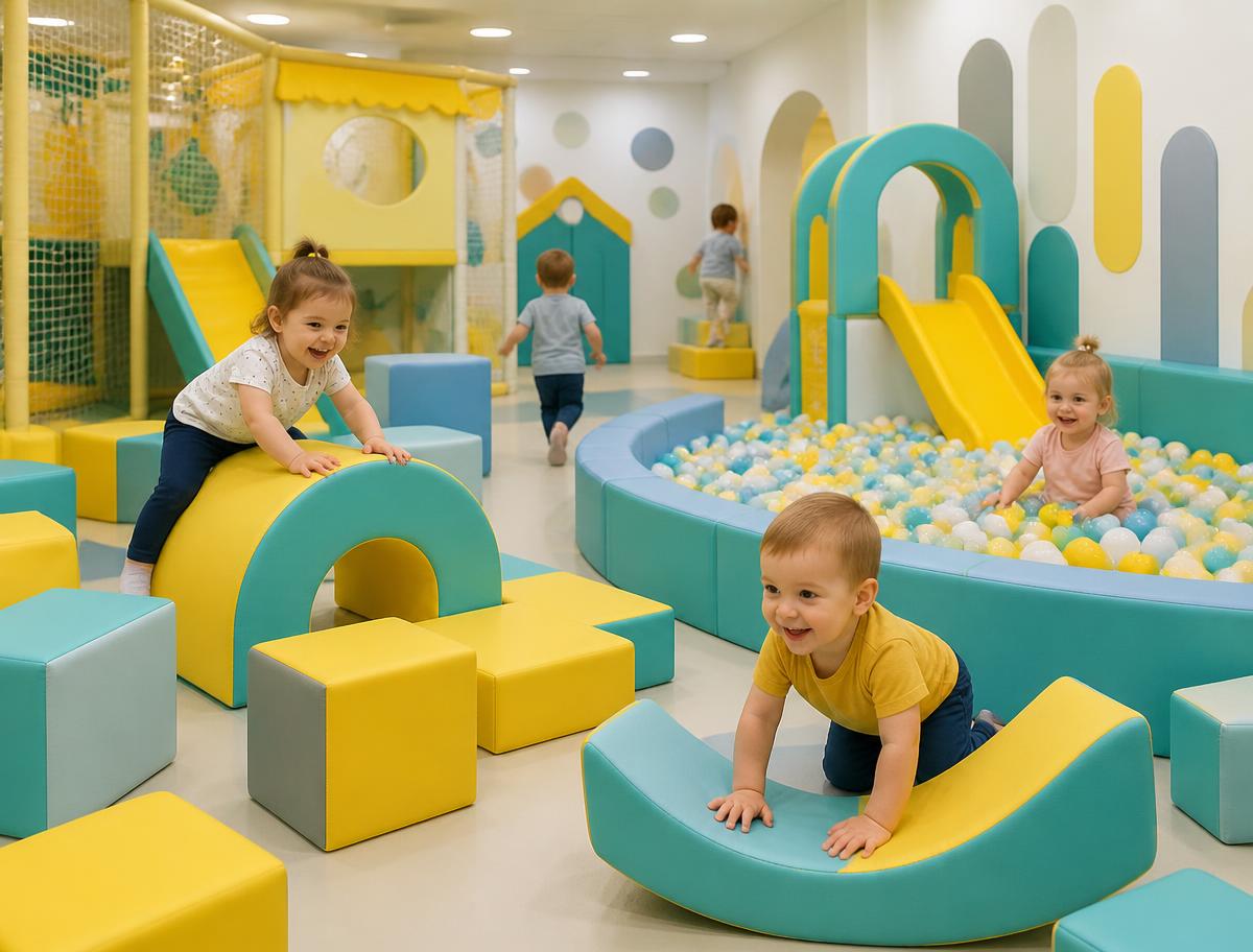 Toddlers playing with soft play shapes and a ball pit in a bright yellow and turquoise area