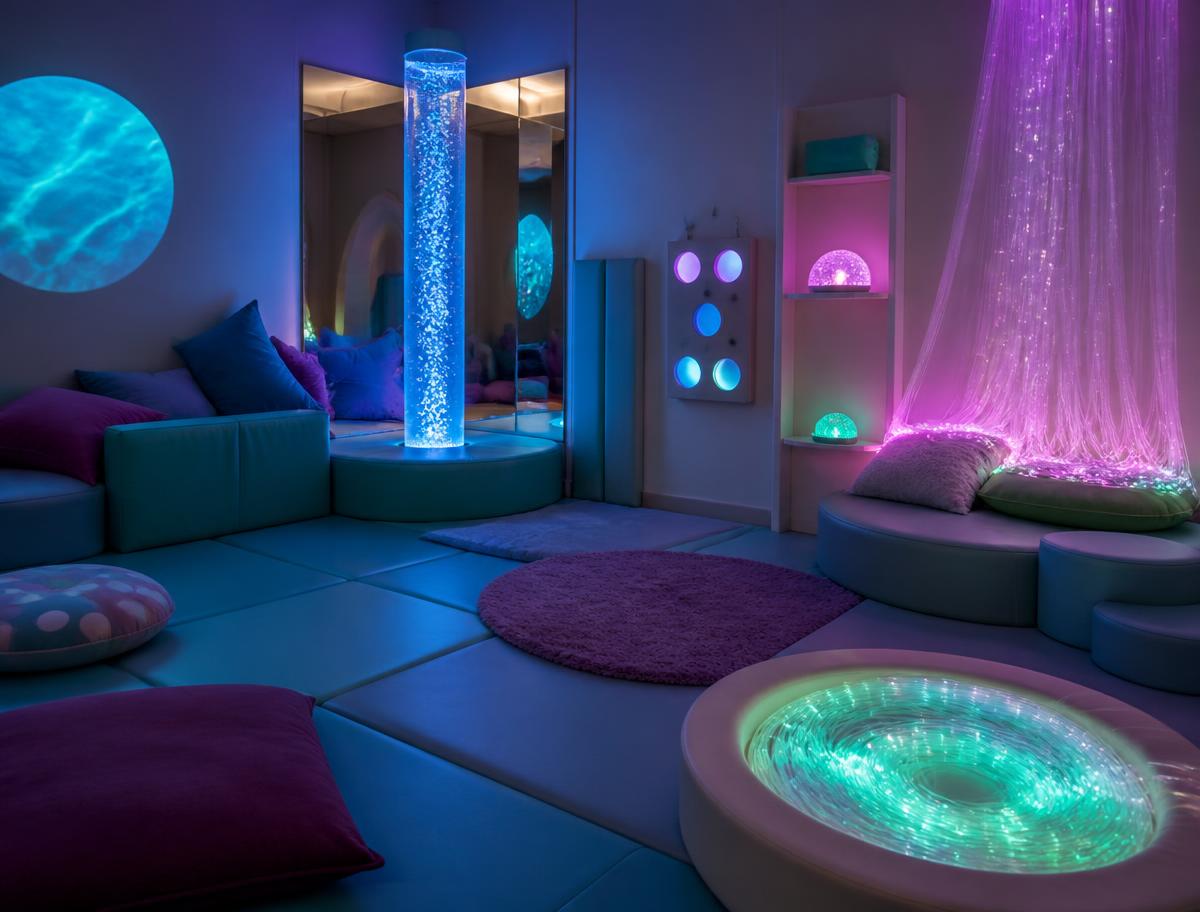 Softly lit sensory room with bubble tube, fibre optic lights and cushioned seating